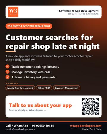 W3AppDevelopers poster for Motor scooter repair shop: Customer searches for repair shop late at night