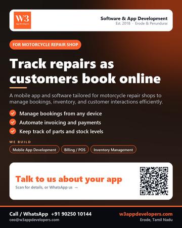 W3AppDevelopers poster for Motorcycle repair shop: Track repairs as customers book online