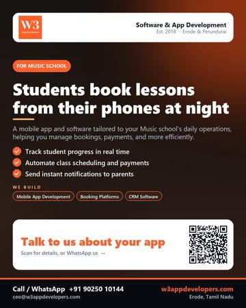W3AppDevelopers poster for Music school: Students book lessons from their phones at night
