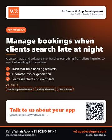 W3AppDevelopers poster for Musician: Manage bookings when clients search late at night