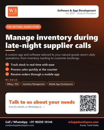W3AppDevelopers poster for Natural goods store: Manage inventory during late-night supplier calls