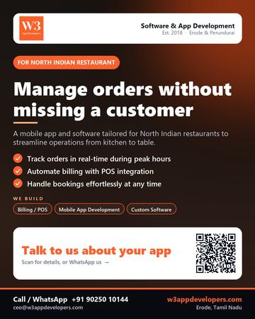 W3AppDevelopers poster for North Indian restaurant: Manage orders without missing a customer