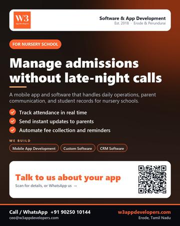 W3AppDevelopers poster for Nursery school: Manage admissions without late-night calls