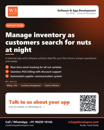 W3AppDevelopers poster for Nut store: Manage inventory as customers search for nuts at night