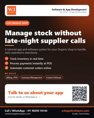 W3AppDevelopers poster for Organic shop: Manage stock without late-night supplier calls