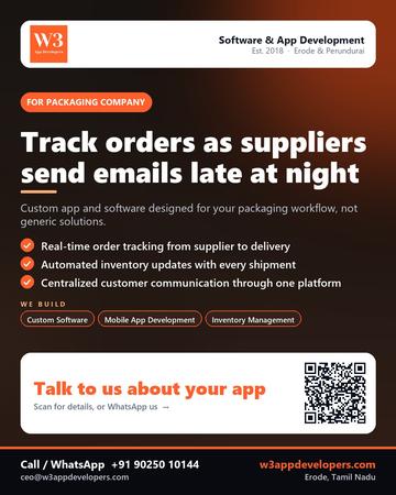 W3AppDevelopers poster for Packaging company: Track orders as suppliers send emails late at night