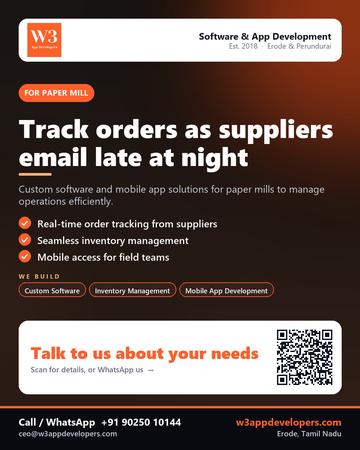 W3AppDevelopers poster for Paper mill: Track orders as suppliers email late at night