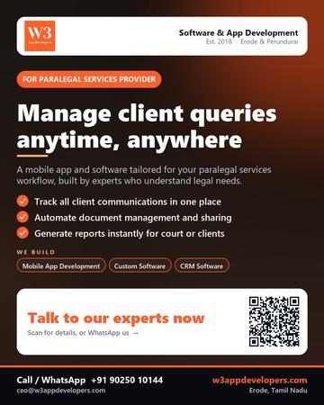 W3AppDevelopers poster for Paralegal services provider: Manage client queries anytime, anywhere