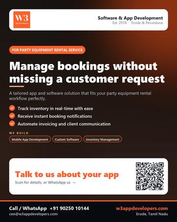 W3AppDevelopers poster for Party equipment rental service: Manage bookings without missing a customer request