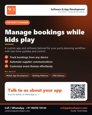 W3AppDevelopers poster for Party planner: Manage bookings while kids play