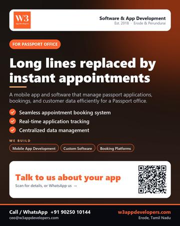 W3AppDevelopers poster for Passport office: Long lines replaced by instant appointments