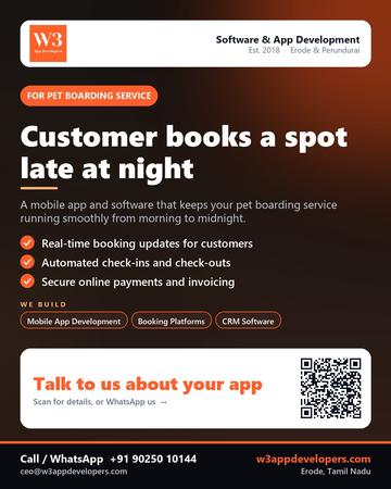 W3AppDevelopers poster for Pet boarding service: Customer books a spot late at night