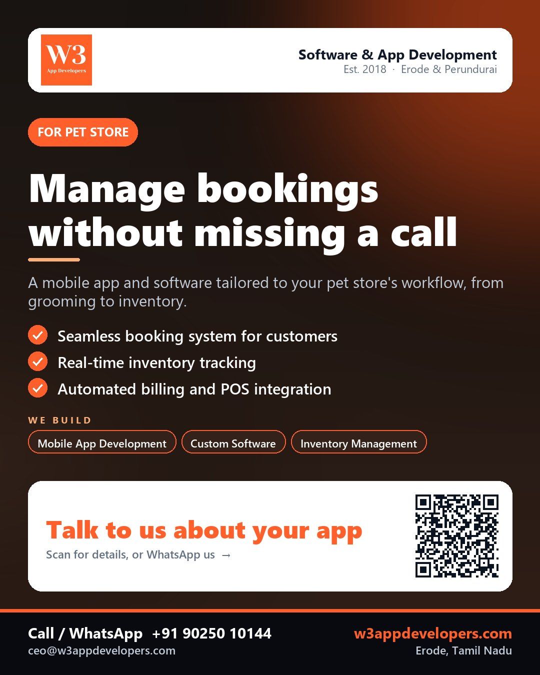 W3AppDevelopers pet store app solution for bookings, inventory and billing