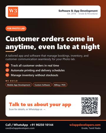 W3AppDevelopers poster for Photo lab: Customer orders come in anytime, even late at night