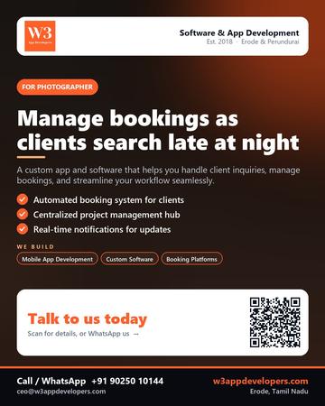 W3AppDevelopers poster for Photographer: Manage bookings as clients search late at night