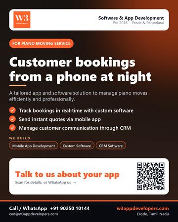 W3AppDevelopers poster for Piano moving service: Customer bookings from a phone at night