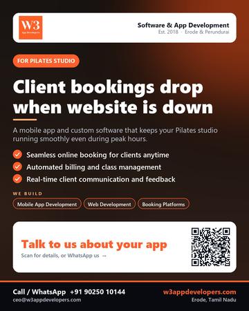 W3AppDevelopers poster for Pilates studio: Client bookings drop when website is down