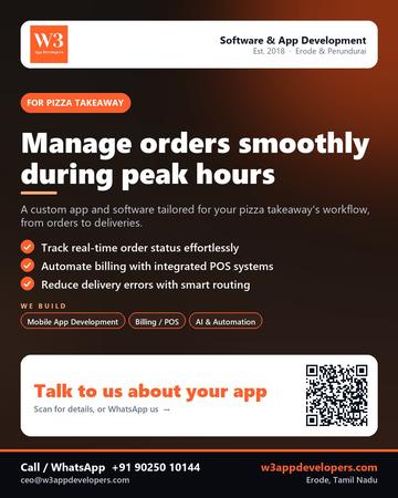 W3AppDevelopers poster for Pizza takeaway: Manage orders smoothly during peak hours