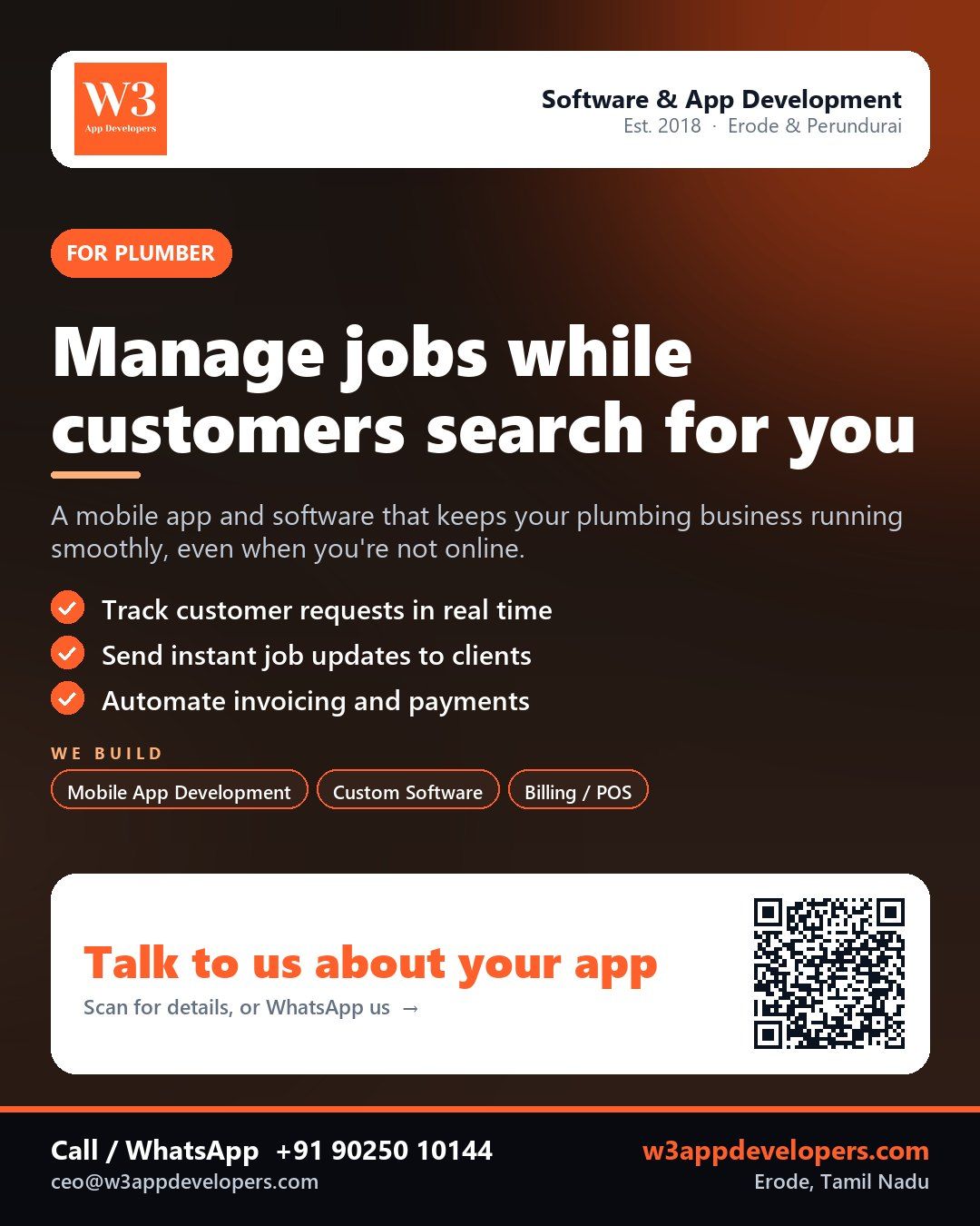W3AppDevelopers mobile app for plumbers, helping manage jobs and customers efficiently