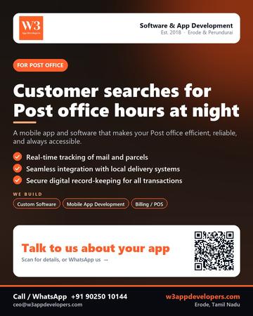 W3AppDevelopers poster for Post office: Customer searches for Post office hours at night