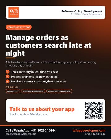 W3AppDevelopers poster for Poultry store: Manage orders as customers search late at night