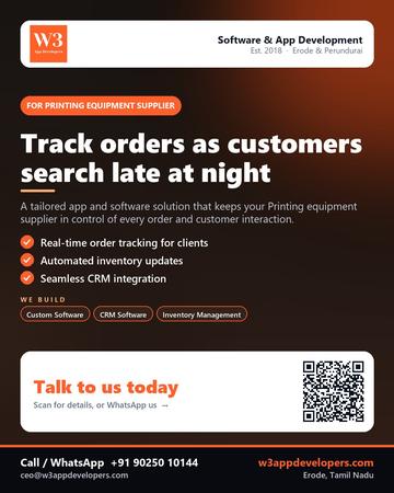 W3AppDevelopers poster for Printing equipment supplier: Track orders as customers search late at night