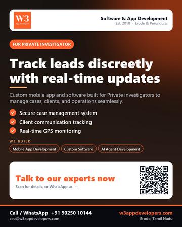 W3AppDevelopers poster for Private investigator: Track leads discreetly with real-time updates