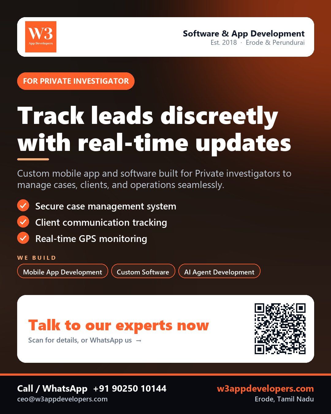 W3AppDevelopers - Custom app for Private investigator with secure case tracking and real-time updates