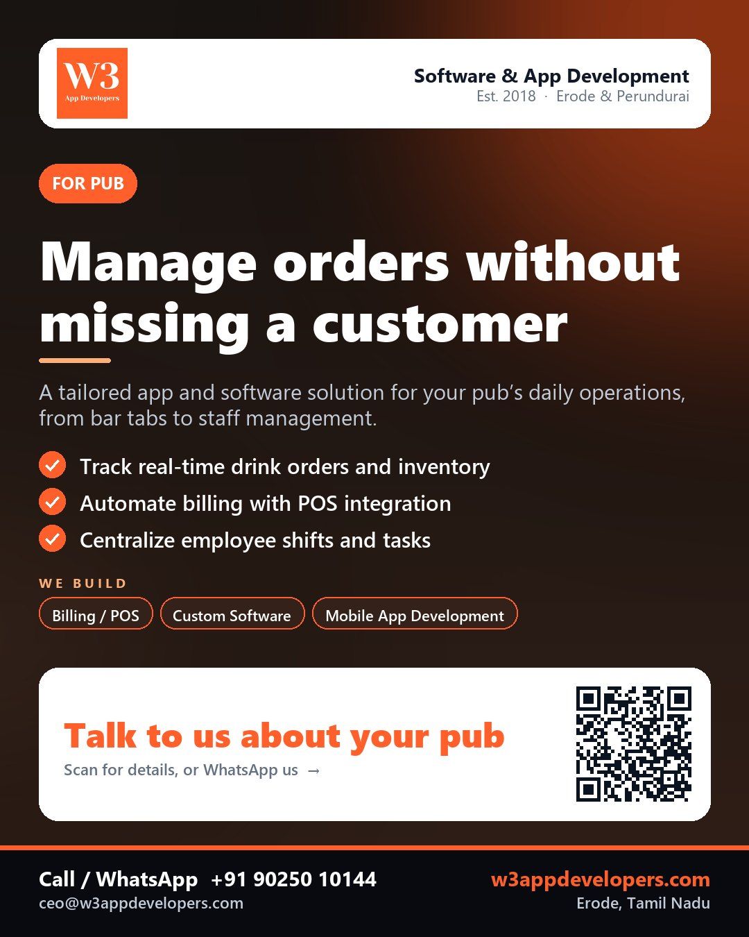 W3AppDevelopers provides custom software solutions tailored for pubs and bars.