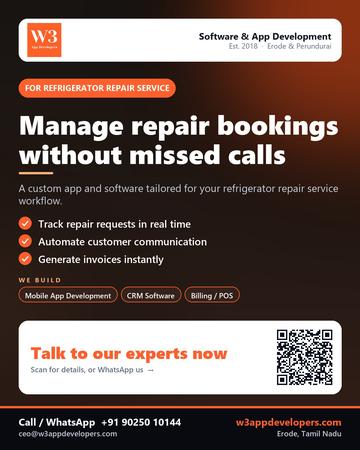 W3AppDevelopers poster for Refrigerator repair service: Manage repair bookings without missed calls