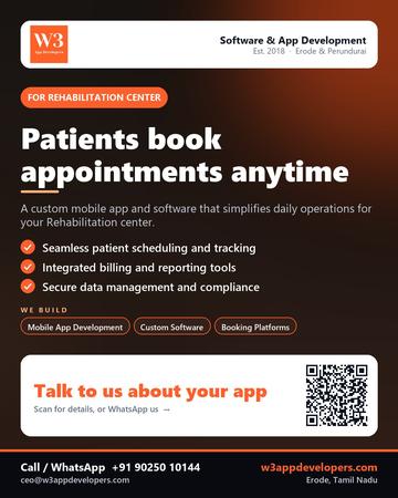 W3AppDevelopers poster for Rehabilitation center: Patients book appointments anytime