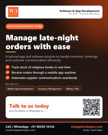 W3AppDevelopers poster for Religious book store: Manage late-night orders with ease