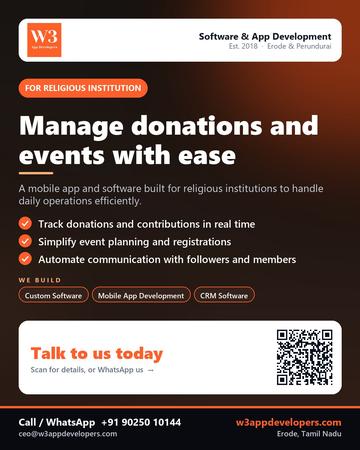 W3AppDevelopers poster for Religious institution: Manage donations and events with ease