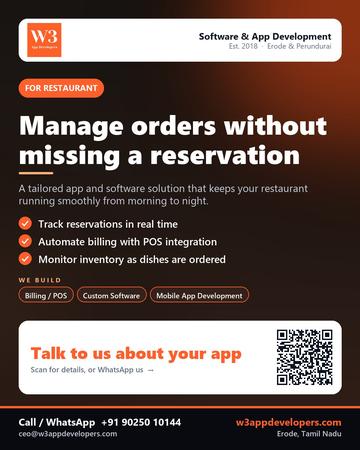 W3AppDevelopers poster for Restaurant: Manage orders without missing a reservation