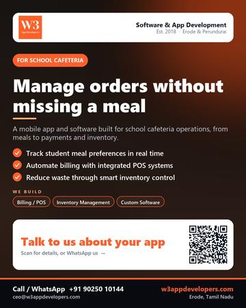 W3AppDevelopers poster for School cafeteria: Manage orders without missing a meal