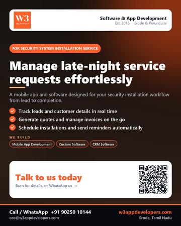 W3AppDevelopers poster for Security system installation service: Manage late-night service requests effortlessly