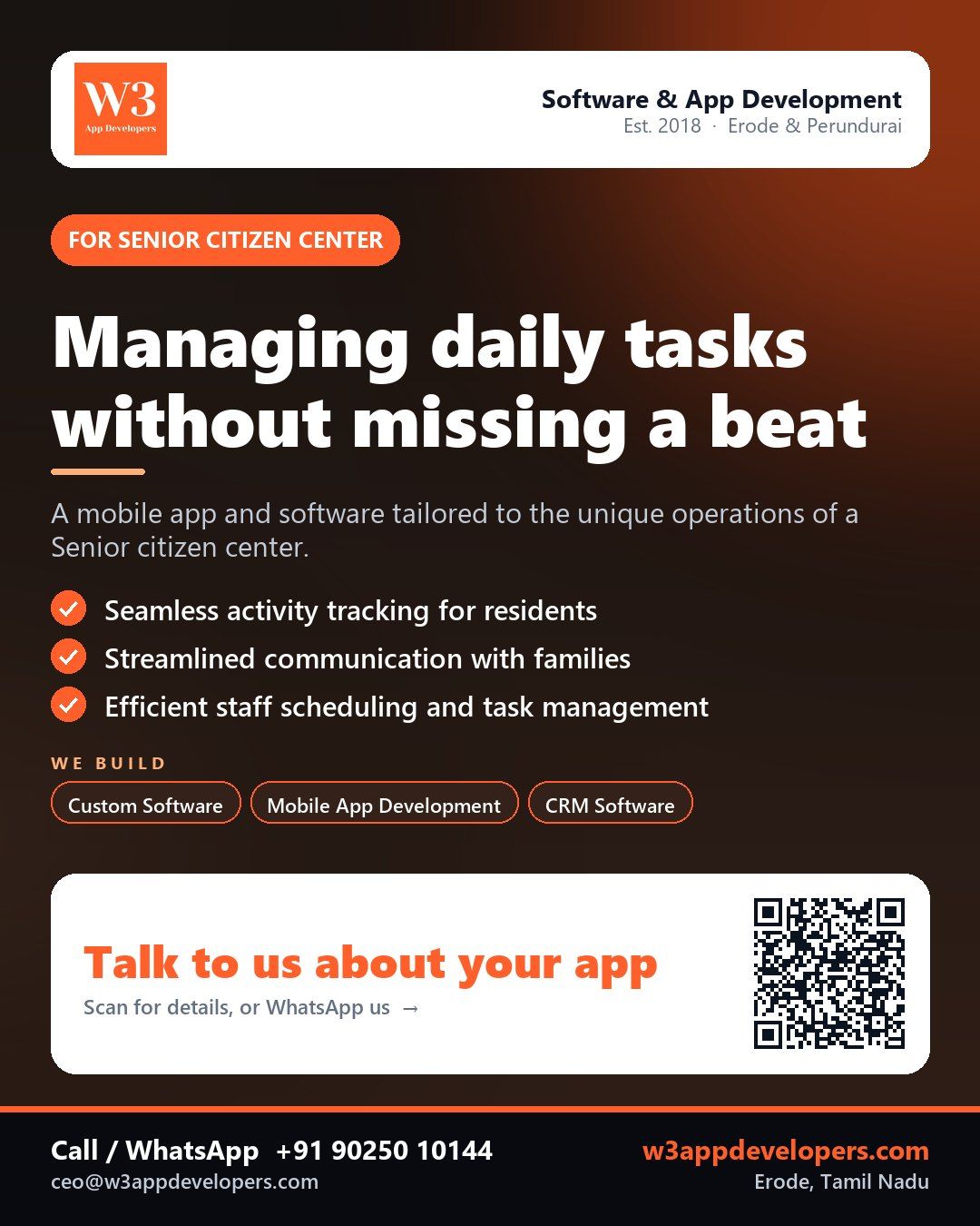 W3AppDevelopers Senior citizen center app development - custom software for daily operations