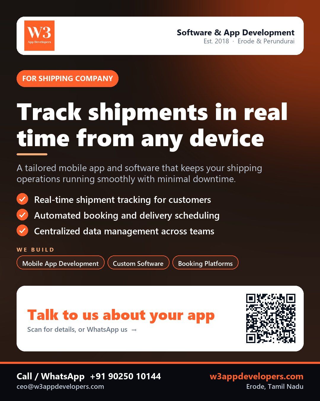 W3AppDevelopers provides custom mobile app and business software solutions tailored for shipping companies.