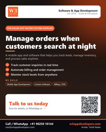 W3AppDevelopers poster for Solar hot water system supplier: Manage orders when customers search at night