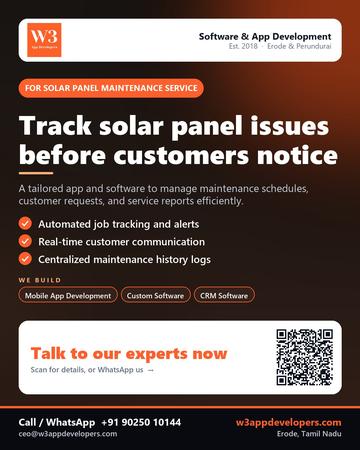 W3AppDevelopers poster for Solar panel maintenance service: Track solar panel issues before customers notice