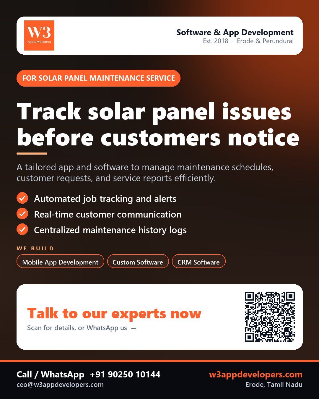 W3AppDevelopers helping solar panel maintenance service manage jobs efficiently with custom mobile app and software