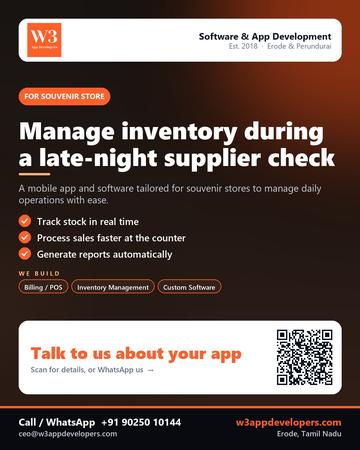 W3AppDevelopers poster for Souvenir store: Manage inventory during a late-night supplier check