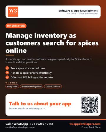 W3AppDevelopers poster for Spice store: Manage inventory as customers search for spices online