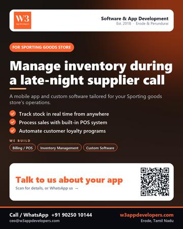 W3AppDevelopers poster for Sporting goods store: Manage inventory during a late-night supplier call