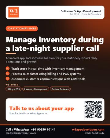 W3AppDevelopers poster for Stationery store: Manage inventory during a late-night supplier call