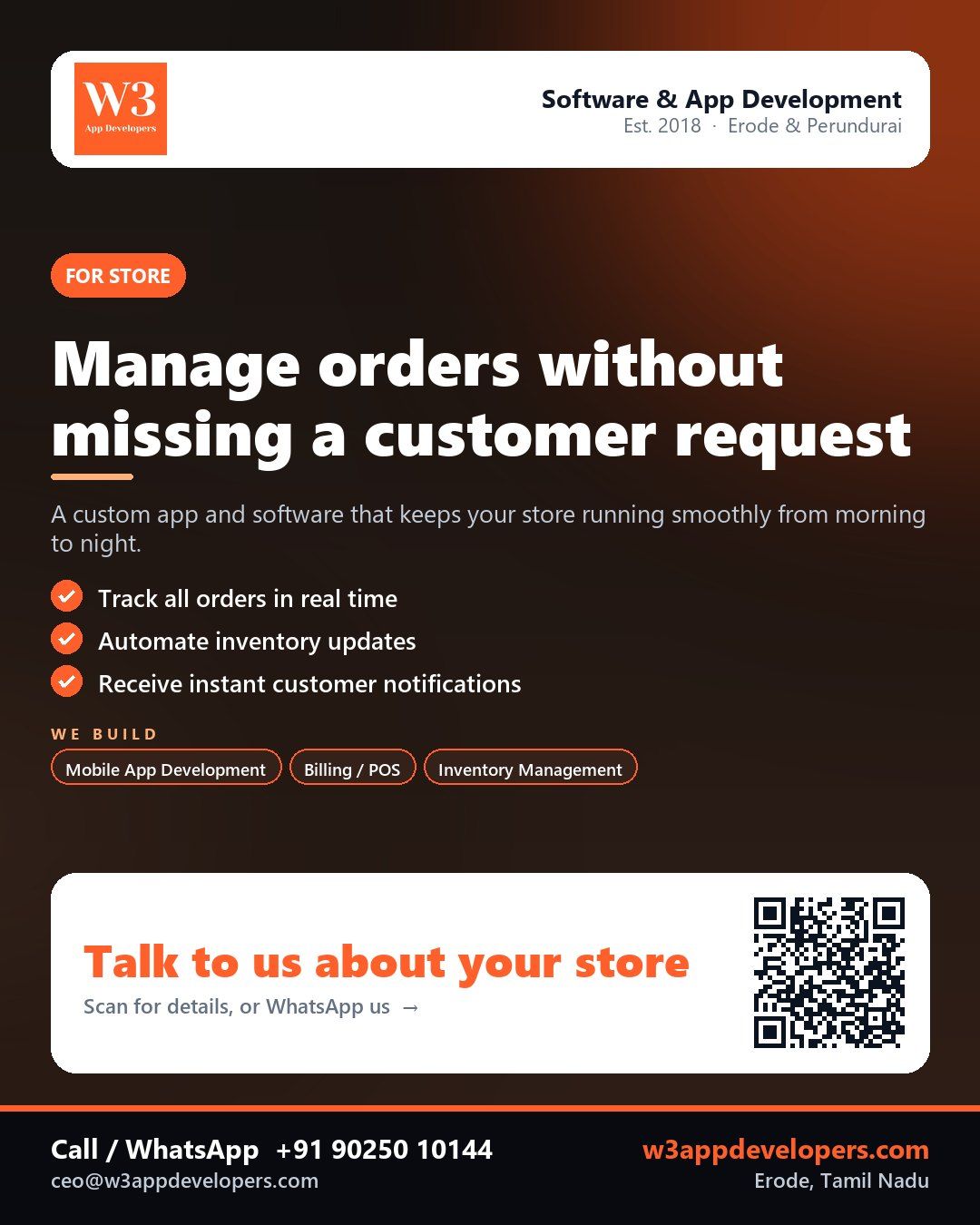 W3AppDevelopers provides smart app solutions for stores in Erode and Perundurai