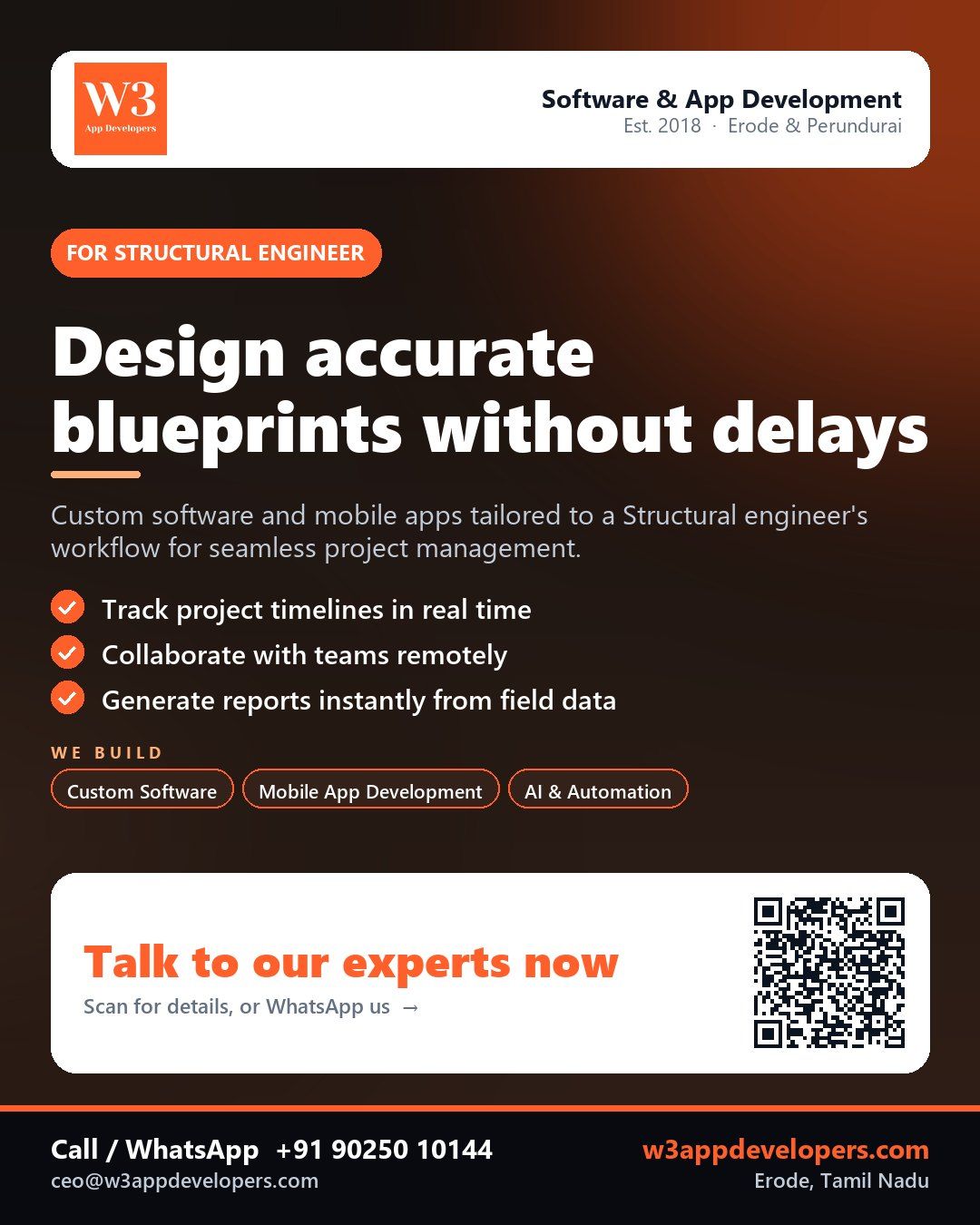 W3AppDevelopers provides custom software for Structural engineers, enhancing workflow efficiency through mobile apps and auto