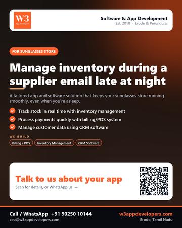 W3AppDevelopers poster for Sunglasses store: Manage inventory during a supplier email late at night