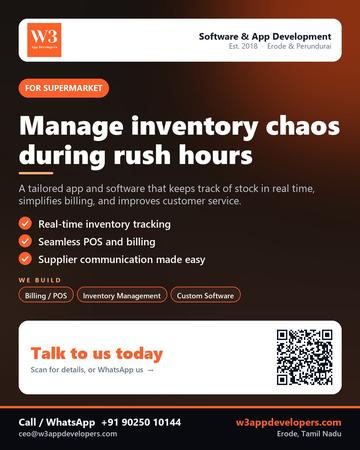 W3AppDevelopers poster for Supermarket: Manage inventory chaos during rush hours