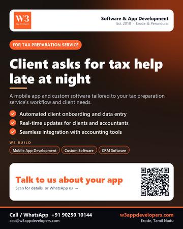 W3AppDevelopers poster for Tax preparation service: Client asks for tax help late at night
